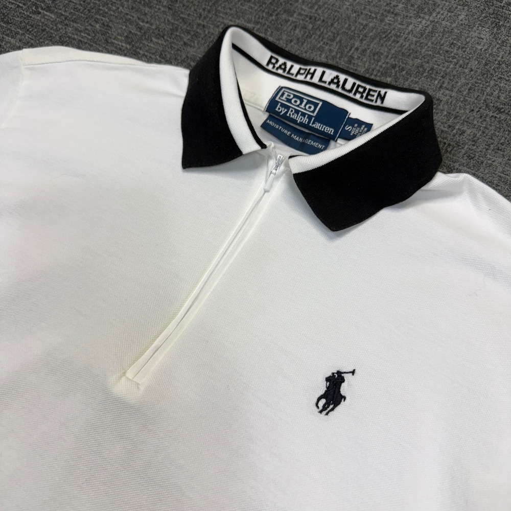 Polo Ralph Lauren Polo Shirt Mens S White Black Quarter Zip Short Sleeve Vintage